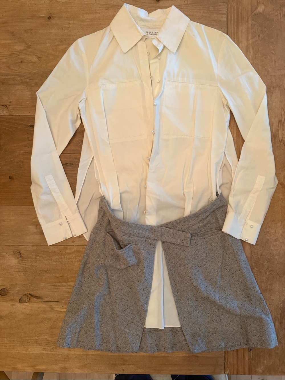 10 Crosby Derek Lam Cream Blouse with Gray Mini Skirt